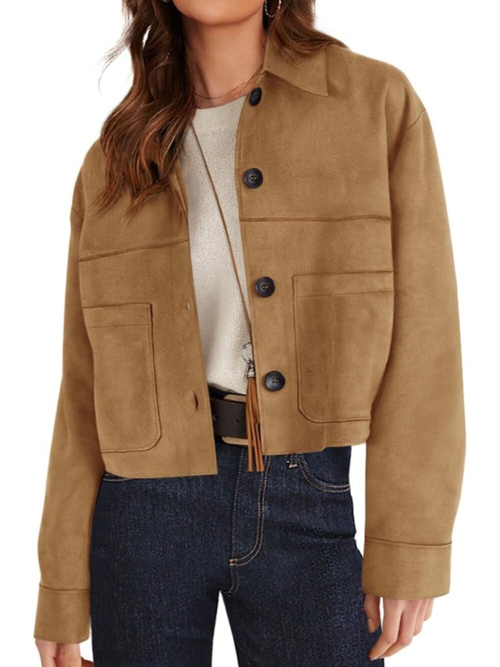 Womens Khaki Suede Long Sleeve Button Down Streetwear Casual Cropped Jacket
